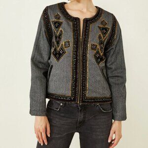 Artisan Embroidered grey Wool-Blend Jacket - Boho luxury - Italian brand